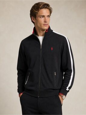 Polo by Ralph Lauren Black Track Jacket with White Sleeve Stripes and Red Pony